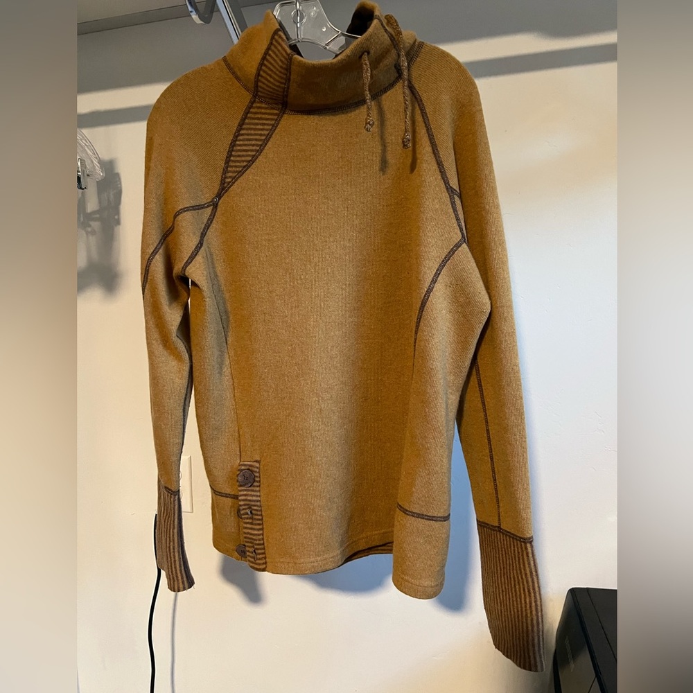 prAna Lucia Knit Sweater Cowl Stripe Pullover Button- Size XL - Mustard color